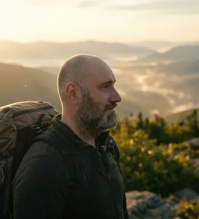 Rob outdoors with a backpack
